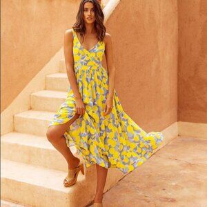 Mister Zimi Sz Women's Blue Lemon Print Vneck‎ Sleeveless Midi Dress US 4 / 6